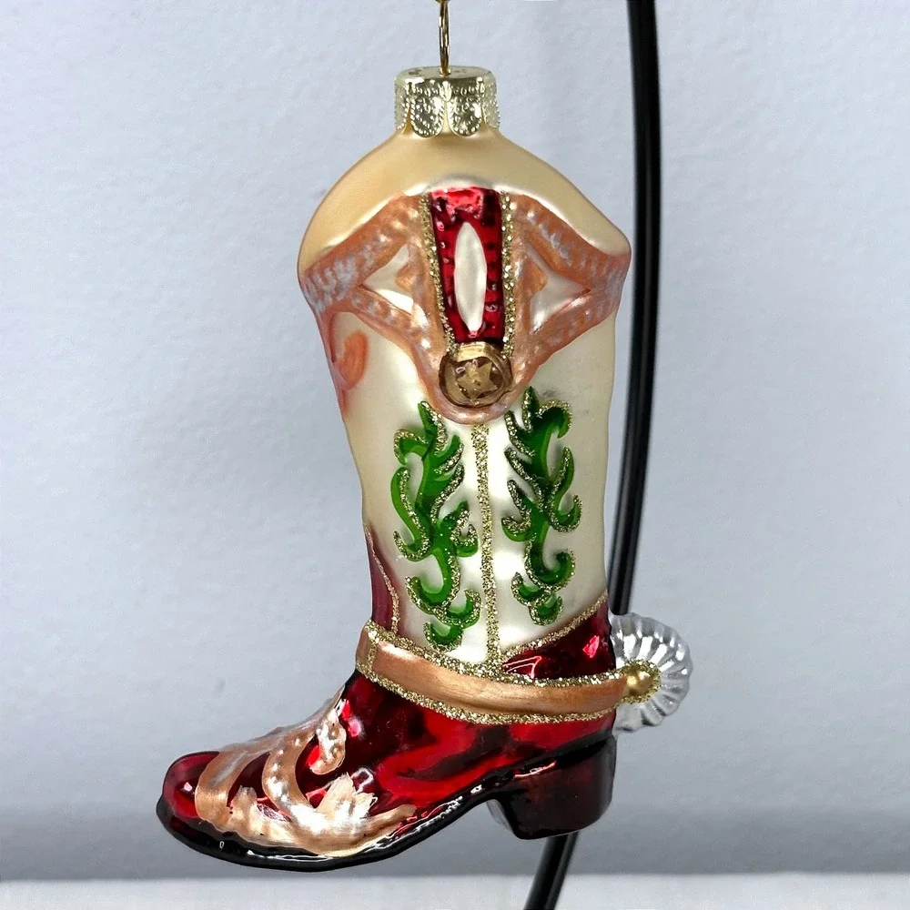 JS Red Cream Glass Cowboy Boot Christmas Ornament Western Spur Glitter Star JS